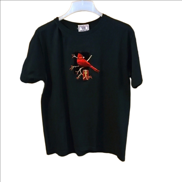 Top Stitch by Morning Sun Black Tee w/ Embroidered Cardinal Design Women Size L - Picture 2 of 10